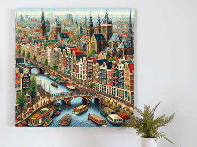 Olieverf amsterdam schilderij | Levendige kleuren en strakke lijnen dansen op doek Amsterdam | Kunst - 80x80 centimeter op Forex | Foto op Forex
