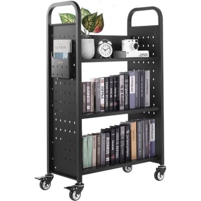VEVOR Boekenwagen, draagvermogen 150 kg, Bibliotheekwagen, 77 x 38 x 122 cm, enkelzijdige L-vormige boekenplank met dubbele remwielen, Boekenplankwagen voor woonkamer, kantoor, school, zwart