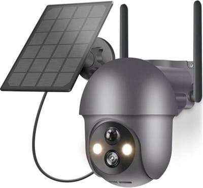 Intelectro Beveiligingscamera voor Buiten - met Zonnepaneel - Laatste Stuk - 2K Resolutie - 360° Roteerbaar - Bewegingsdetectie met Schijnwerper en Alarm - Nachtzicht - 2 Weg Audio - 2.4GHz - Levering sneller dan Aangegeven!