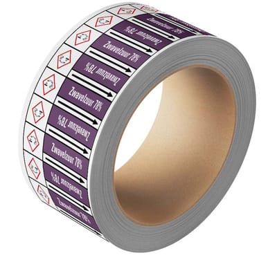 Zwavelzuur 78% leidingmarkering op rol, 25 meter 75 mm