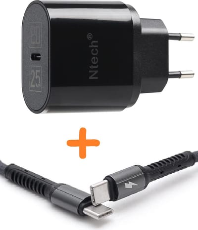 USB C Adapter 25W Snellader Met USB C naar USB C kabel 1M- Zwart