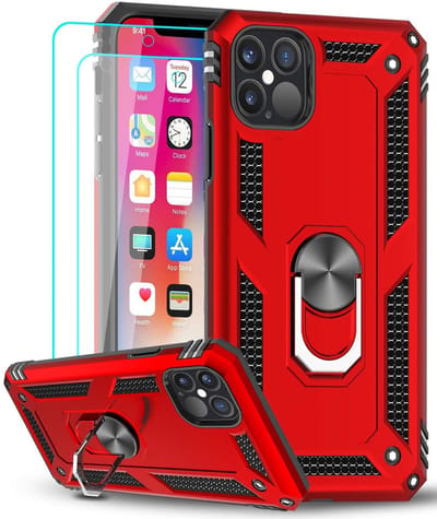 Hoesje Geschikt voor iPhone 12/12 Pro hoesje - Hardcase - Tough armor ring Rood + 2 stuks screenprotector