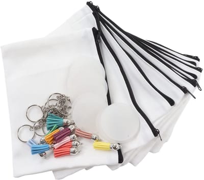 Dailygoods- Make-up Tasje Set - 10 Stuks Lege Make-up Tassen - 10 Stuks Acryl Sleutelhangers - Duurzaam Canvas - Lichtgewicht en Onderhoudsvriendelijk - Make-up Tas