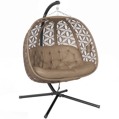 Egg Hangstoel met Standaard, Bekerhouder & Kussen - Egg Chair voor 2 Personen - Stalen Frame - Opvouwbare Hangschommel - Schommelstoel - Tuinstoel - tot 240 kg - voor Binnen / Buiten - voor Tuin, Terras, Balkon - Zand + Zwart