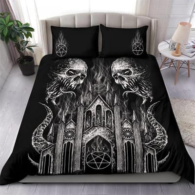 Schedel Skelet Satanische Geitenschedel Dekbedovertrekset Trofee Demon Ras Beddengoedsets Nachtblauw Roze Satanische Baphomet Dekbedovertrek 140x210cm