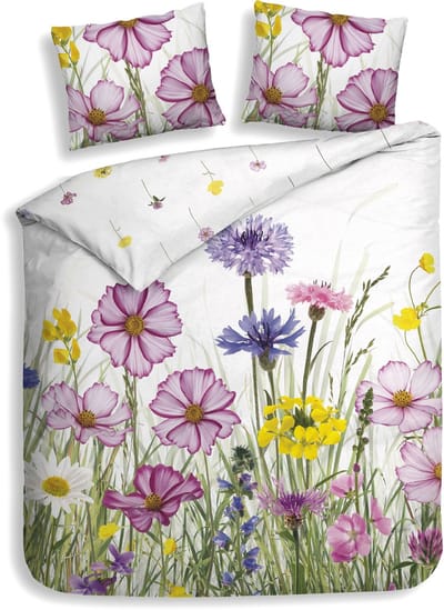 Heckettlane Dekbedovertrek Campo - Bedlinnen met Bloemen print - 240x200-220 cm - Lits-Jumeaux - Wit - Dekbedovertrek van 100% Katoen-Satijn