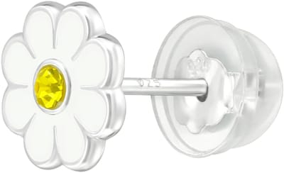 925 Zilveren Kinder Oorknopjes Bloem met Geel Kristal en Witte Emaille – Premium Sterling Zilver