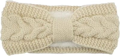 Vanille gebreide haarband dames met fleece binnenkant - beige hoofdband - one size - winterse haarband met strik - STUDIO Ivana