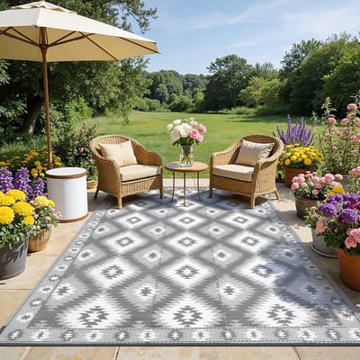 Extra groot buitentapijt voor terras, waterdicht, 240 x 300 cm, omkeerbaar, uv-bestendig, licht, kunststof, rietjes, voor camping, terras, balkon, camper, grijs
