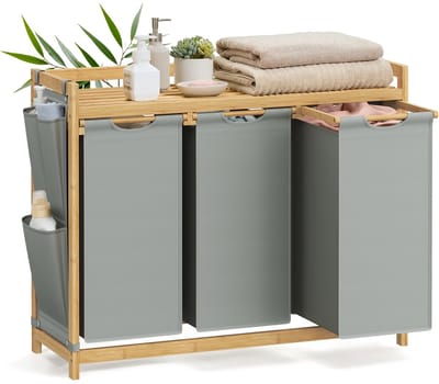 NaevaMi Wasmand 3 Vakken – Wassorteerder - Wasmanden - Wasbox - Wassorteerder 3 vakken - Wasmand Hout - Wasmand Bamboe - 150 liter - 3 Compartimenten - Uitschuifbaar met Plank - 94 x 33 x 78 cm - Grijs