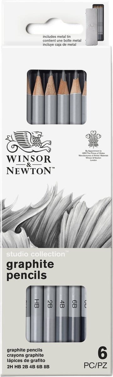 Winsor & Newton 0490006 Grafietpotloden Set x6 Studio Collection – Schetspotloden & Tekenpotloden 2H-8B in Metalen Blik
