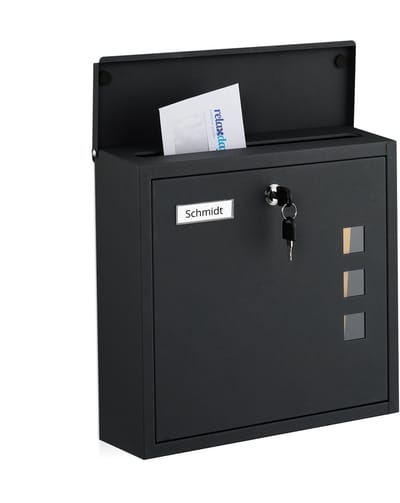 Wandbrievenbus met slot - 33 x 35 x 12 cm - metaal - zwart
