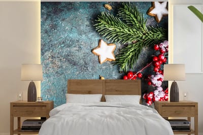 Behang - Fotobehang Kerst - Rustiek - Takken - Steranijs - Bes - Rood - Breedte 300 cm x hoogte 300 cm
