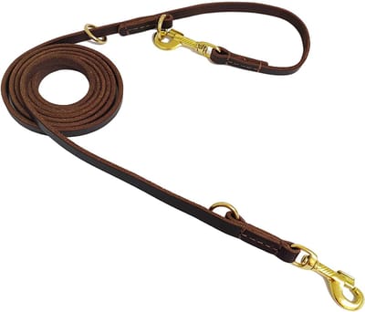 Multifunctionele hondenriem, 2,4 m bruin leer, verstelbaar, handsfree crossbody, dubbele hondenriem, voor kleine, middelgrote en grote honden