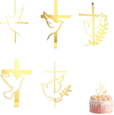 Dailygoods- Taartdecoratie Goudkleurig Acryl - Taartversiering Met Duif/Kruis - Glanzend Spiegeleffect - Perfect Voor Bruiloften - Verjaardagen/Feesten - Unieke Decoratie - Taarttopper