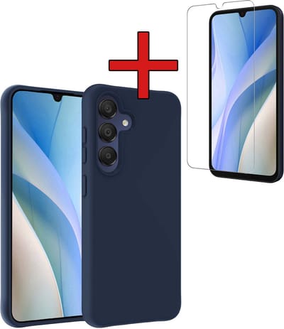 Hoesje - Met Screenprotector - Geschikt voor Samsung Galaxy A15 - Sterk & Shockproof - Telefoon Hoes - Back Cover - Siliconen Case - Telefoonhoes - Donkerblauw