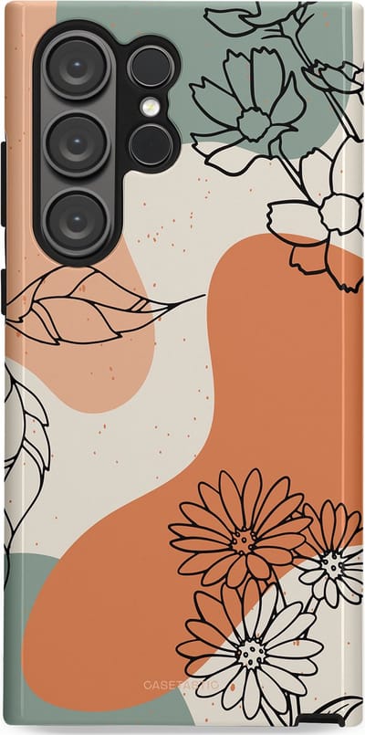 Casetastic hoesje geschikt voor Samsung Galaxy S23 Ultra - Dubbellaagse bescherming - Lijnenspel Botanisch - Fashion Case - Crème Saliegroen Perzik