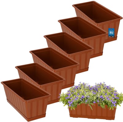 KOTARBAU® 6 st Balkonbak, Bloembak voor Balkon, Kunststof, 40 x 18 x 14 cm, Plantenbak, Terracotta, Plantenbak Balkon, met Schotel, Rechthoekig