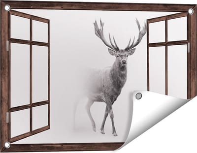 Gards Tuinposter Doorkijk Hert - Zwart Wit - 60x40 cm - Tuindoek - Tuindecoratie - Wanddecoratie buiten - Tuinschilderij