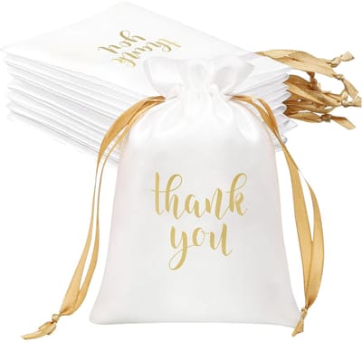 20x Satijnen Cadeau Zakjes Met Print - Satijn Zakje Met Opdruk - Zachte Cadeau Zakjes - Feestzakjes - Snoepzakjes - Uitdeelzakjes - Sieradenzakjes - Thank You Classic - 10x15cm - Wit - 20 Stuks