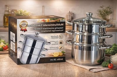 Stoompan Set - Manty Koker - Gezond Koken - 3-Delig Ontwerp - 28 cm Diameter - Zilverkleurig