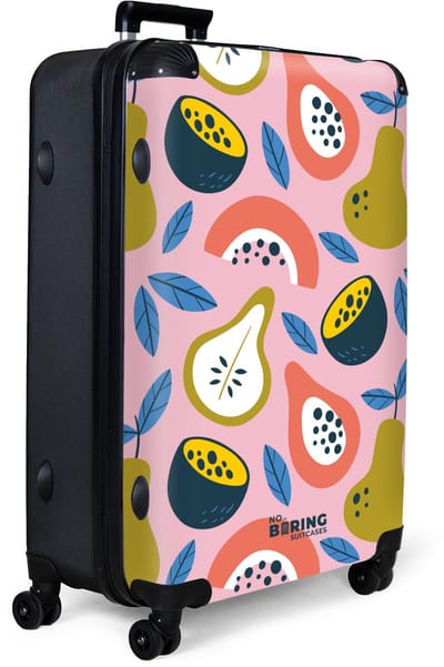 NoBoringSuitcases.com® - Koffer groot - Reiskoffer lichtgewicht - Tropisch fruitpatroon met papaja en peer op roze achtergrond - Rolkoffer met 4 wielen - Grote trolley XL - 98 liter bagage