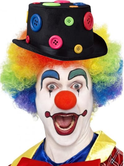 Clown verkleed set gekleurde pruik met hoge hoed zwart met knopen - Carnaval clowns verkleedkleding en accessoires