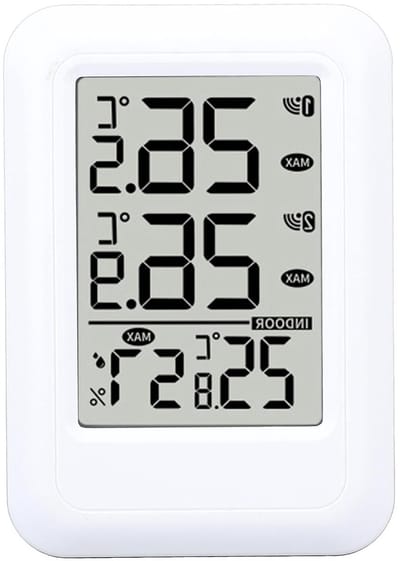 Draadloze Binnen/Buiten Thermometer Hygrometer met Dubbele Sensoren en 2 Ontvangers, Digitale Weergave voor Temperatuur en Vochtigheid, Alarmklok en Kalender, Max/min Registraties en Meer