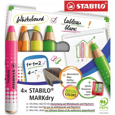 STABILO MARKdry Etui - Whiteboard- en Flipover Marker - Etui met 4 NEON Kleuren - Met Puntenslijper En Uitveegdoek