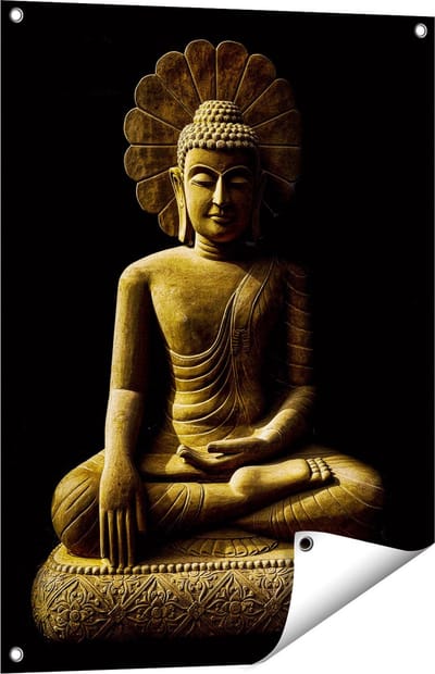 Gards Tuinposter Gouden Boeddha Beeld in Meditatie - 60x80 cm - Tuindoek - Tuindecoratie - Wanddecoratie buiten - Tuinschilderij