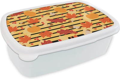 Broodtrommel Wit - Lunchbox - Brooddoos - Pompoen - Bes - Bladeren - Herfst - Patroon - 18x12x6 cm - Volwassenen