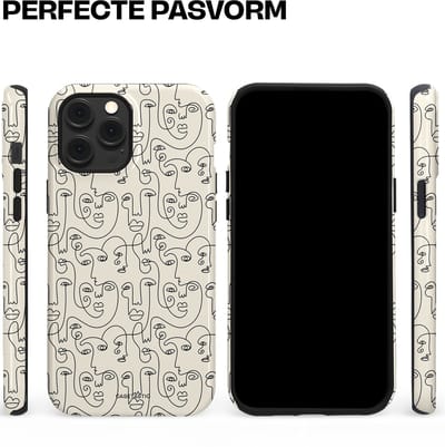 Casetastic hoesje geschikt voor Apple iPhone 12 Pro Max - MagSafe - Dubbellaagse bescherming - Art Deco Creme Abstractie Lijntekening Gezichten - Fashion Case - Zilver Crème Wit