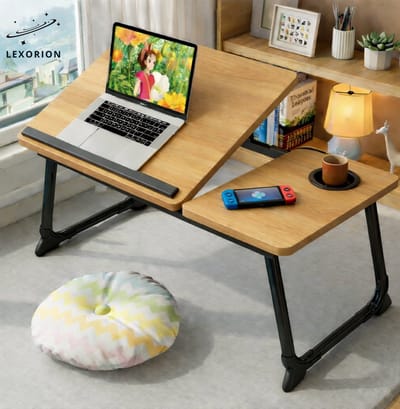 Lexorion Prakstisch Pro – Laptoptafel voor Bed en Bank – Inklapbare Bedtafel met 4-Niveaus Kantelstand – Lapdesk met Bekerhouder – Draagbare Laptoptafel 60×37×26 cm - Walnoot
