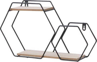 Caryota Wandrek Dubbel Zeshoekig - Wanddecoratie - 2 Lagen - Zwart - 24 x 29.5 x 10 cm - Metaal