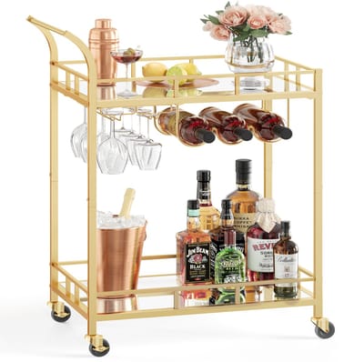 VASAGLE - Serveerwagen - Barwagen met 2 Spiegelplanken - Flessenrek en Glazenhouder - Voor Keuken en Eetkamer