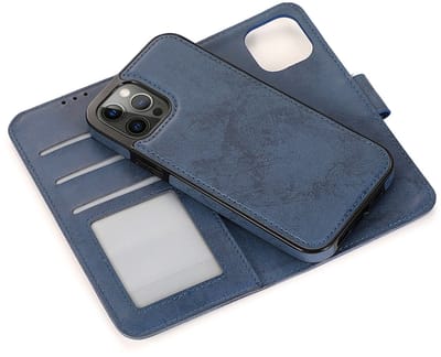 geschikt voor iPhone 14 Pro 2-in-1 Hoesje met Magnetische Backcover - Telefoonhoesje met vakjes voor pasjes - Inclusief polsbandje - Mobiq Magnetische 2-in-1 Wallet Case geschikt voor iPhone 14 Pro donkerblauw