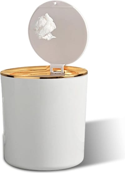 Afvalemmer met deksel, 2,6 l, kunststof vuilnisemmer, mini-vuilnisemmer, tafelafvalemmer met stickers, vuilnisbak, kleine prullenmand voor keuken, slaapkamer, badkamer, bureau (wit), 14,3 x 15