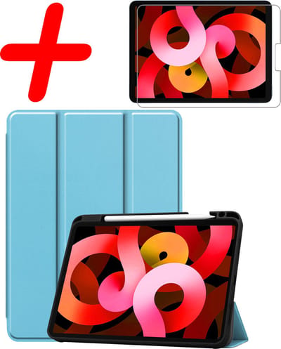 Hoesje Geschikt voor Apple iPad Air 5 (2022) - 10.9 inch - 5e Generatie - M1 - Met Screenprotector - Trifold Bookcase - Hard Cover Case - Met Uitsparing Geschikt voor Apple Pencil - Hardcover Book - Tablet Hoes - Lichtblauw
