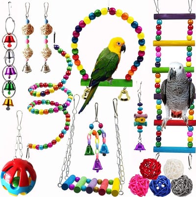 15-Delige Papegaai Speelgoed Set - Vogelkooi Vogel Speelgoed Set - Vogelladders - Papegaai Speelset - Vogelschommel - Ladder - Bal met bel - Parkieten Speelgoed - Houten Hangbel - voor Kleine Papegaaien, Valkparkieten en Lovebirds