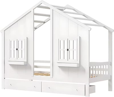 Kinderbed 90x200 cm - Met 2 lades - Huisbed - Voor Kinderen - Peuterbed - Met lattenbodem - Zonder matras