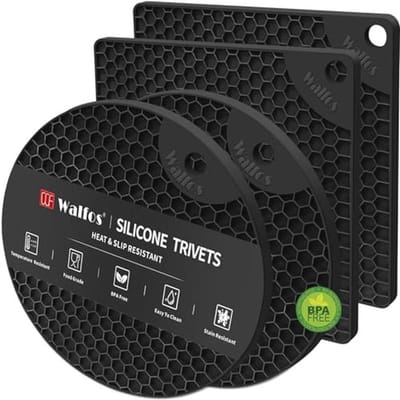 Walfos Siliconen onderzetmatten, 4 hittebestendige pannenonderzetters, multifunctionele antislip hot pads voor keuken, pannendragers, schalen, potopener, lepelhouder, voedselveilige siliconen en