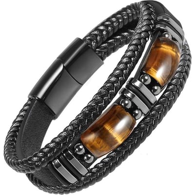 Tijgeroog Zwart Lederen Armband Mannen Natuurlijke Zirconia Kristal Steen Sieraden Handgemaakt Moed Stressverlichting Bescherming Armband 19cm 7.5inch black