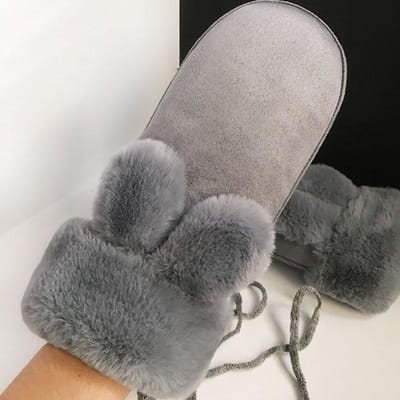 Handschoenen Winter Koreaanse Schattige Suède Schakelketting Fietsen en Fluwelen Warme Katoenen Handschoenen Konijnenoren en Fluwelen Handschoenen grijs