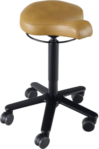 Biker zadelkruk leer Amber- zwarte gaslift en kruispoot -echt leder bekleding – kleur Amber Kappersfiets