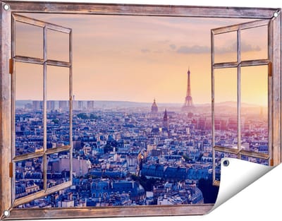 Gards Tuinposter Doorkijk Skyline van Parijs tijdens Zonsondergang - 90x60 cm - Tuindoek - Tuindecoratie - Wanddecoratie buiten - Tuinschilderij