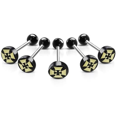 Aramat Jewels | Tongpiercings | Stalen tongpiercing met acryl logo | Kruis-Geel | |7mm | Staal | Volwassenen | Verkleurd niet