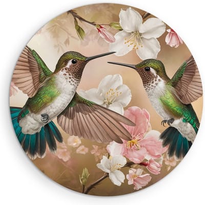 Saammp Muurcirkel Hout - 2 Kolibries tussen de bloemen - Dieren - Bloemen - Ø 90 - Wandcirkel - Wanddecoratie Cirkel - muurdecoratie Woonkamer - Slaapkamer decoratie - Rond Schilderij