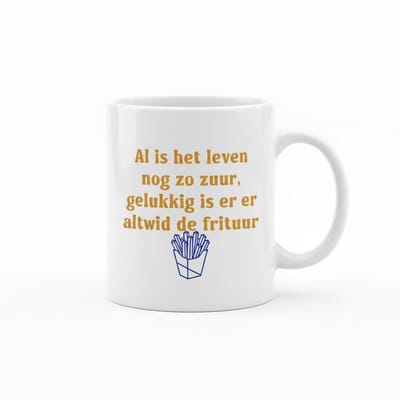 Grappige Nederlandse Tekst Koffiemok “Al Is Het Leven Nog Zo Zuur, Gelukkig Is Er Altijd De Frituur” – Humoristisch Cadeau – 330 ml Keramische Mok