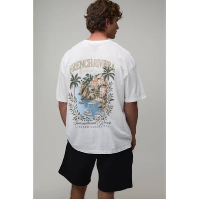 Oversized T-shirt & Short Set Met Ronde Hals En Rivièra Locatie Print | White | Size XL