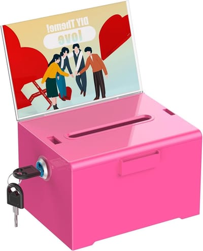 Donatiebox met slot - Suggestiedoos stembus - Fondsenwerving organiseren - Afneembare bordhouder - 157 x 127 x 102 cm - Roze